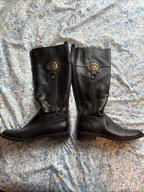 Tommy Hilfiger Black Leather Tall Logo Riding Boots size 7